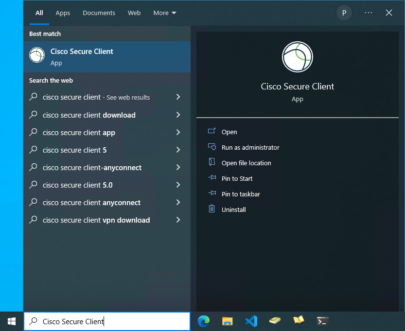 Start Menu AnyConnect Search Result